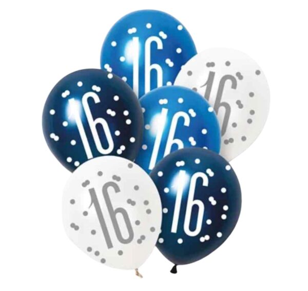 Unique Party Blue Glitz Pearlescent 16th Birthday Assorted Latex Balloons 30cm / 12 In – Pack of 6