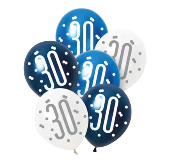 Unique Party Blue Glitz Pearlescent 30th Birthday Assorted Latex Balloons 30cm / 12 In – Pack of 6
