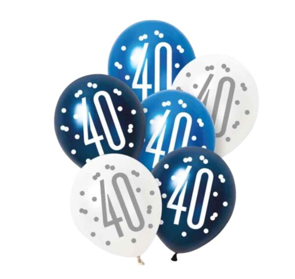 Unique Party Blue Glitz Pearlescent 40th Birthday Assorted Latex Balloons 30cm / 12 In – Pack of 6