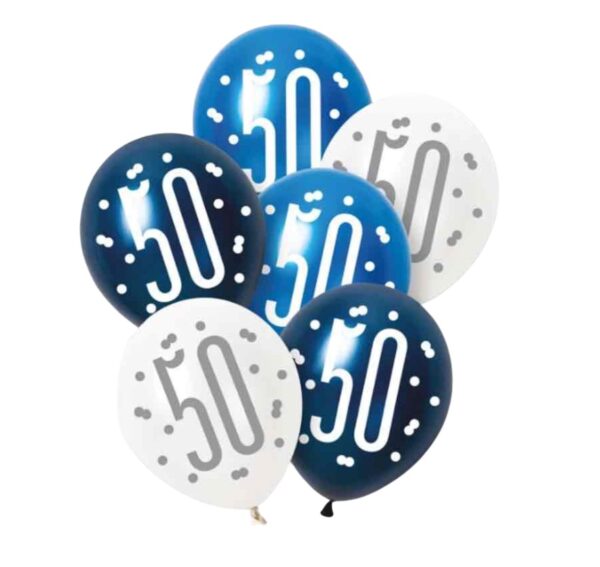 Unique Party Blue Glitz Pearlescent 50th Birthday Assorted Latex Balloons 30cm / 12 In – Pack of 6