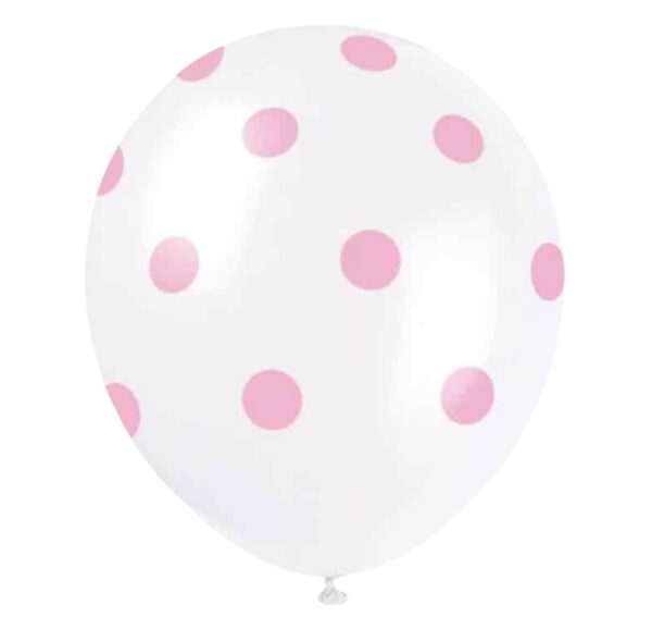 Unique Party White With Pink Polka Dot Latex Balloons - Pack of 6