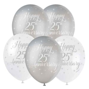Unique Party Happy 25th Silver Anniversary Biodegradable Latex Balloons 30cm / 12 In - Pack Of 5 Unique Party Happy 25th Silver Anniversary Biodegradable Latex Balloons 30cm / 12 In - Pack Of 5