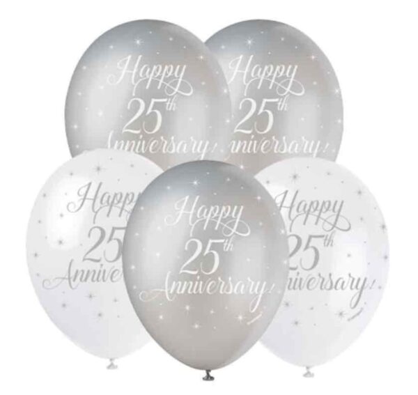 Unique Party Happy 25th Silver Anniversary Biodegradable Latex Balloons 30cm / 12 In - Pack Of 5 Unique Party Happy 25th Silver Anniversary Biodegradable Latex Balloons 30cm / 12 In - Pack Of 5