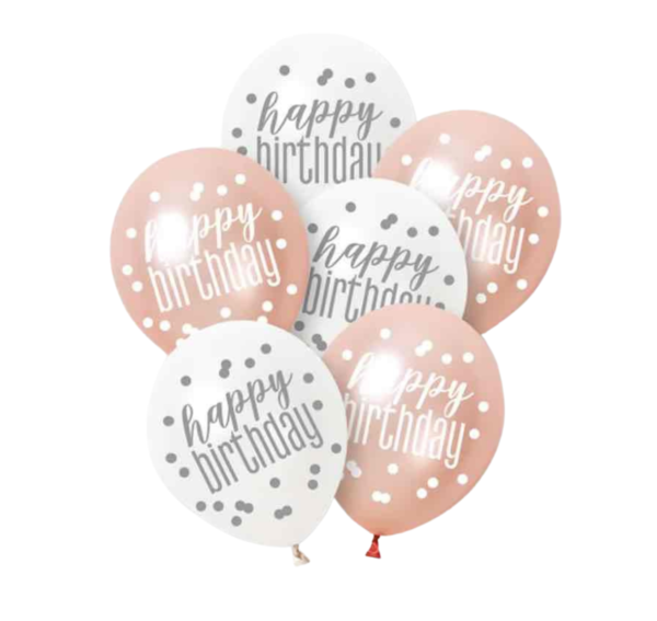 Rose Gold Glitz Platinum & Pearl Happy Birthday Latex Balloons 30cm / 12 In - Pack Of 6