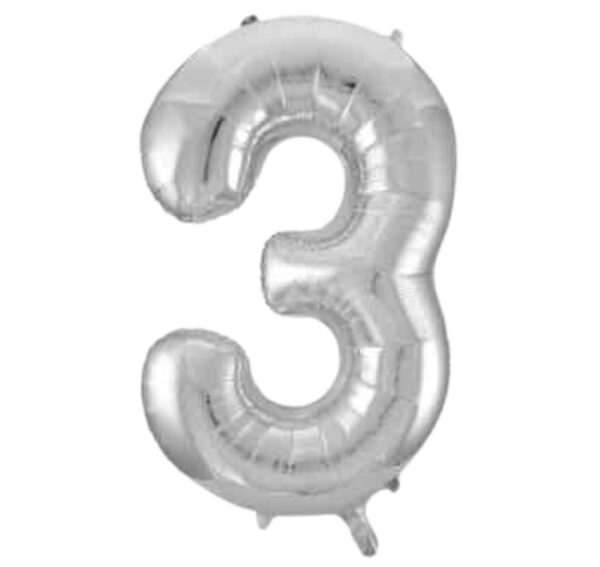 Unique Silver Glitz Foil Number 3 Balloon – 34″
